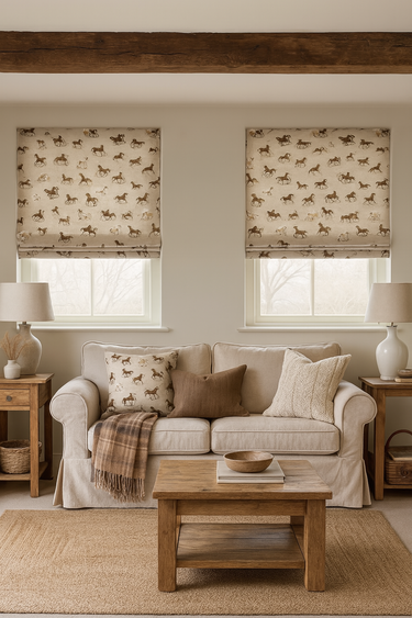 Rustic living room with Roman blinds made from printed horse fabric in neutral tones